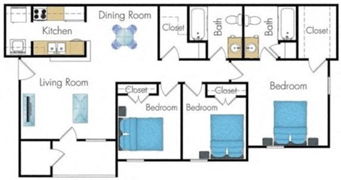 Floor plan for 3 beds, 2 baths, 1378 sqft